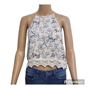 ❤2/15❤garage Crochet Hem Trim Floral Halter Crop Top